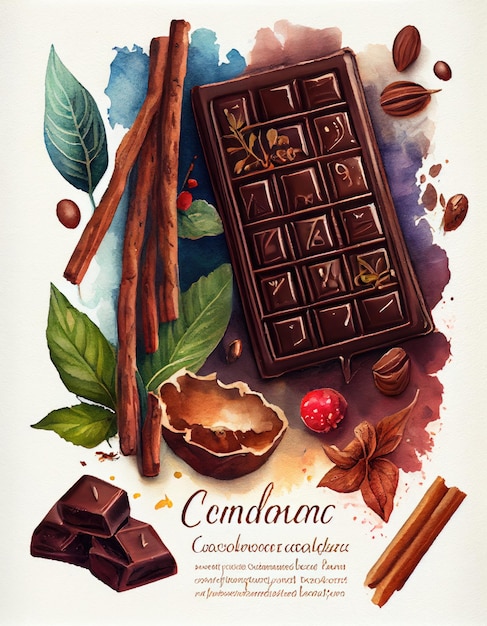 a poster with a chocolate bar and a bunch of leaves