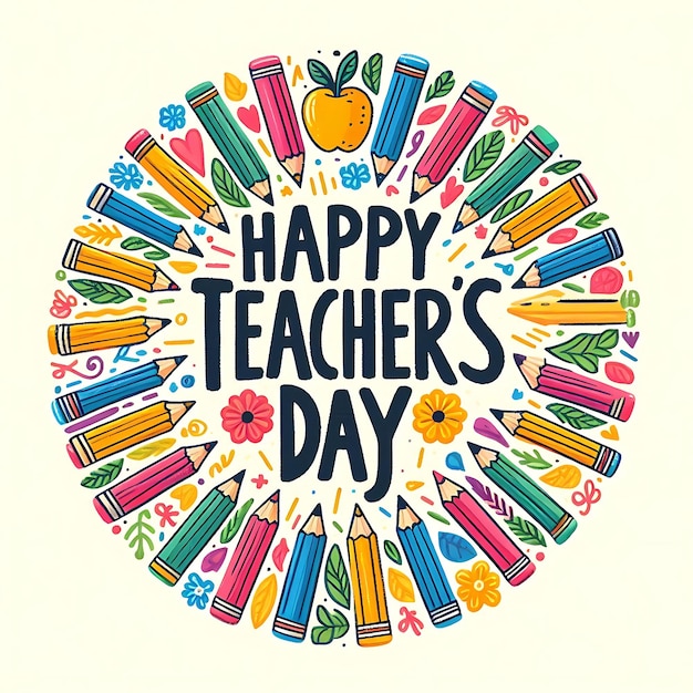 a poster with a circle of colored pencils and the words happy teachers day