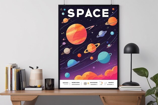 A poster with a colorful design that saysspaceon it