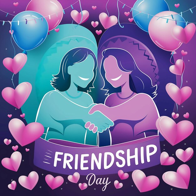 Photo a poster with a couple and balloons with pink hearts and a purple background with a couple hugging