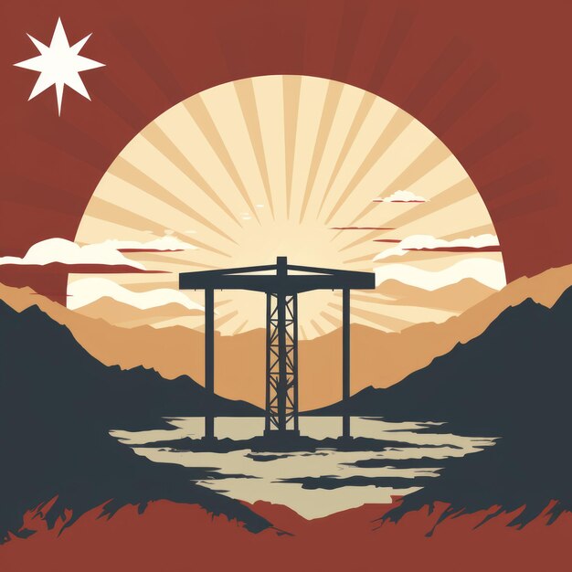 a poster with a crane on top of a mountain and a sun in the background