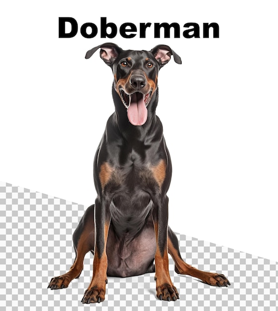 A poster with a Doberman dog and the word Doberman on the top