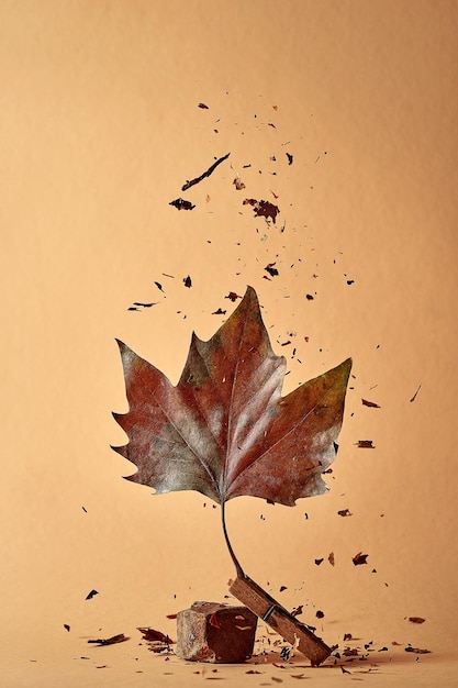 Poster with dry autumn leaves. Minimalistic concept, leaves stand against a brown background.