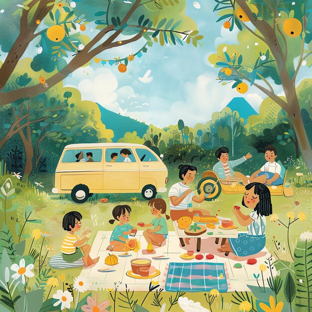Photo a poster with a family and a van with a family sitting on the grass