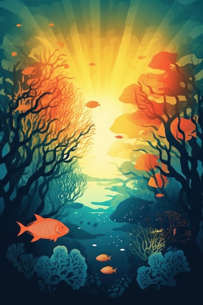 A poster with a fish and corals.