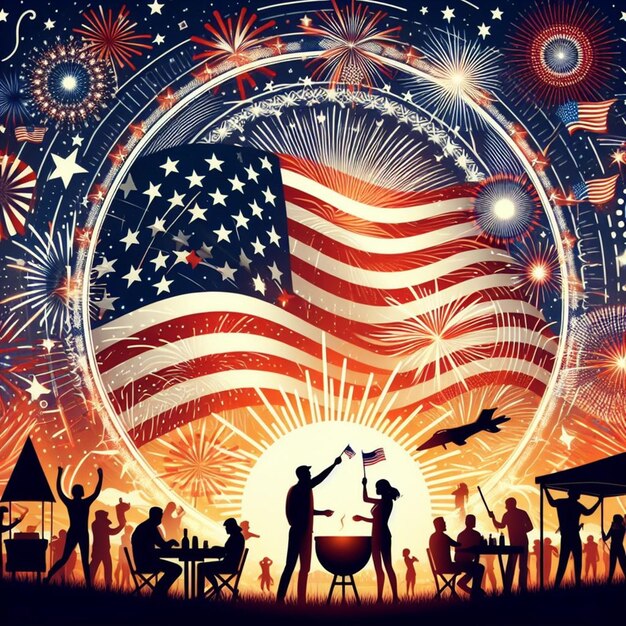 Photo a poster with a flag and people in the foreground with fireworks and a flag in the background