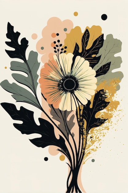 A poster with a flower and leaves on it