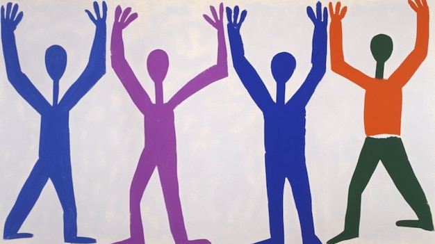 A poster with four people with one of them raised their hands.