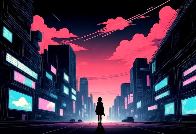 Foto un poster con una ragazza in piedi in una città con un cielo viola sullo sfondo