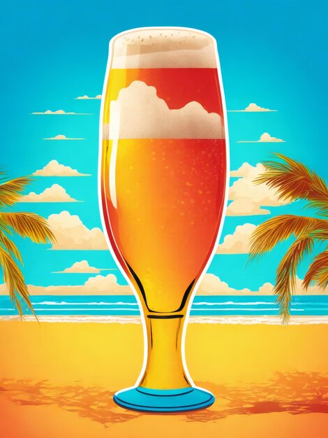 a poster with a glass of beer on the beach