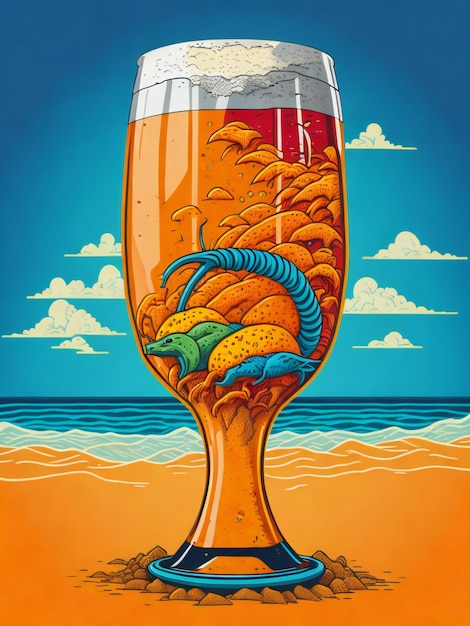 A poster with a glass of beer on the beach