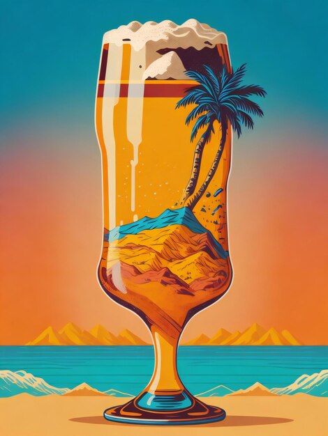 a poster with a glass of beer on the beach