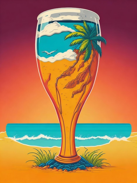 A poster with a glass of beer on the beach