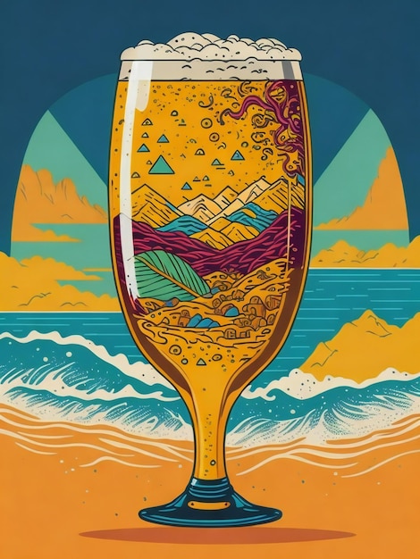 a poster with a glass of beer on the beach