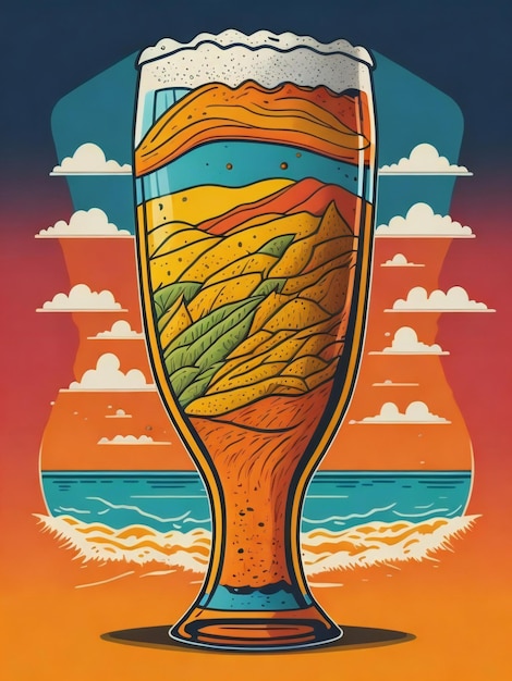 a poster with a glass of beer on the beach