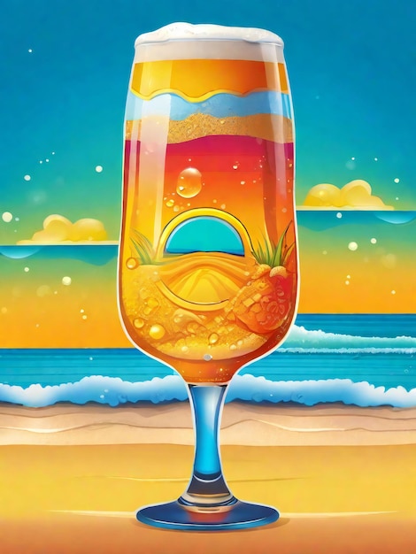 a poster with a glass of beer on the beach