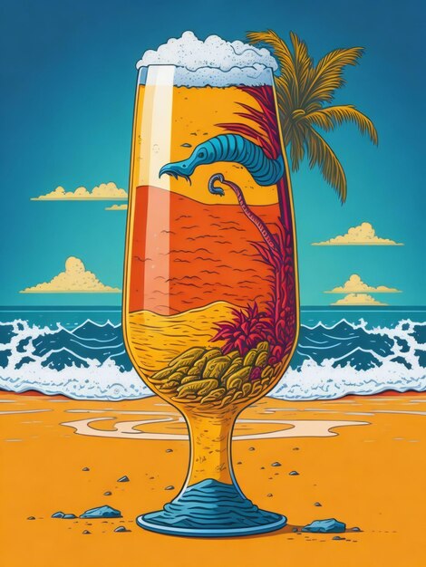 A poster with a glass of beer on the beach