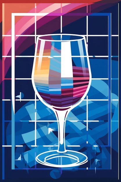 a poster with a glass of wine and a colorful background