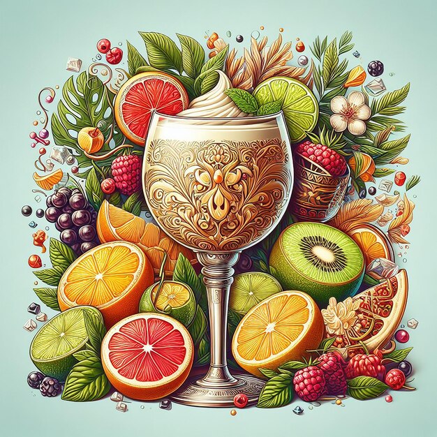 a poster with a glass of wine and fruit on it