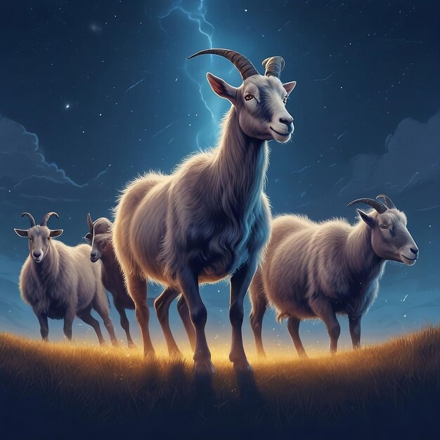 a poster with a goat and other goats in a field