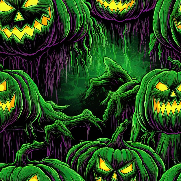 a poster with a green monster face and yellow spooky pumpkins