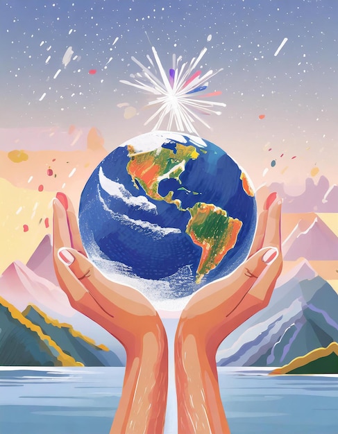 a poster with a hand holding a globe with the world being held up by a hand