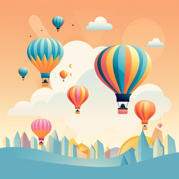 a poster with hot air balloons in the sky and a picture of a city