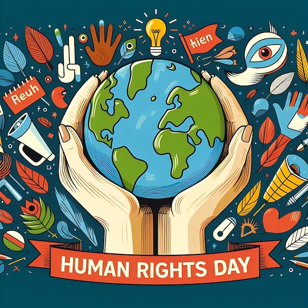 a poster with human hands holding a globe with the words human rights day day