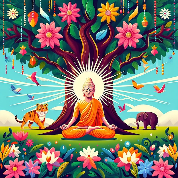 Photo a poster with an image of a buddha sitting under a tree