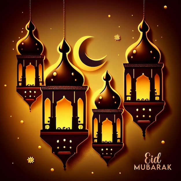 A poster with lamps and a moon with the words e mu mu mubarak on it
