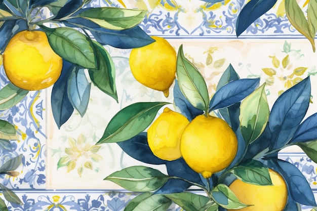 Плакат с лимонным деревом с листьями и цветами.