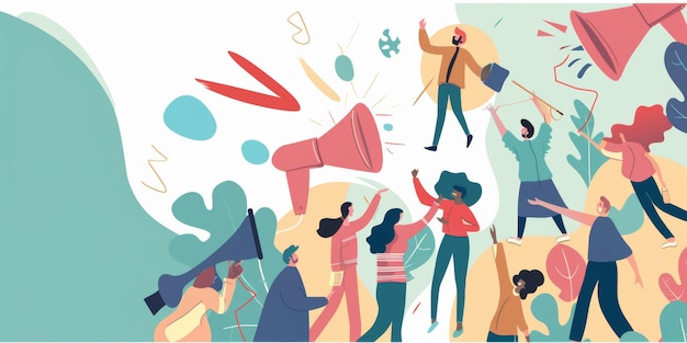 a poster with a man holding a megaphone and a woman with a sign saying  the word  on it