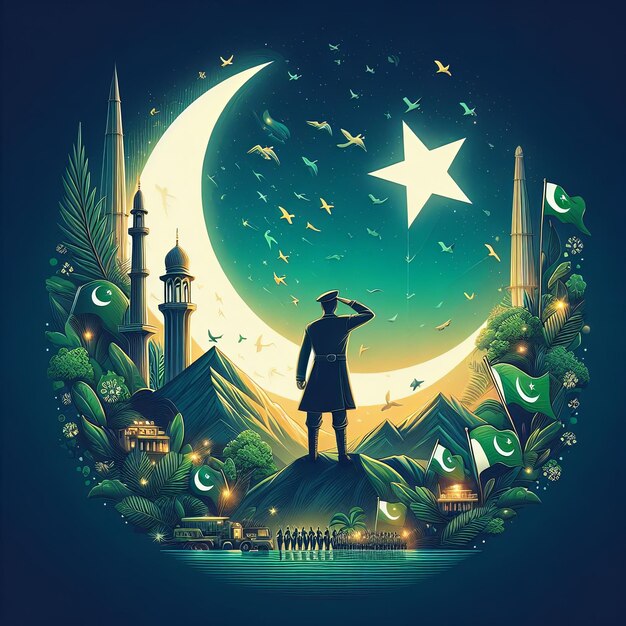 a poster with a man looking at the moon and the moon Pakistan Day 23rd March