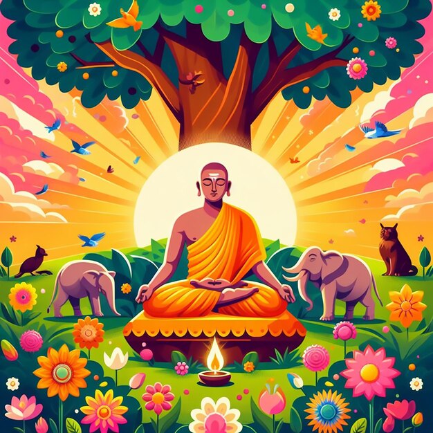 a poster with a man sitting in the grass with elephants and lions