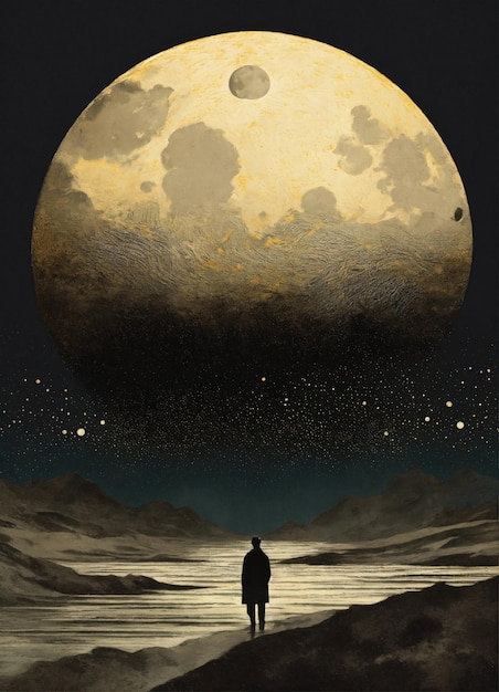 a poster with a man standing in front of a full moon