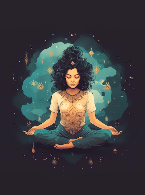 Poster with meditating woman in yoga lotus position or asana Meditation practice