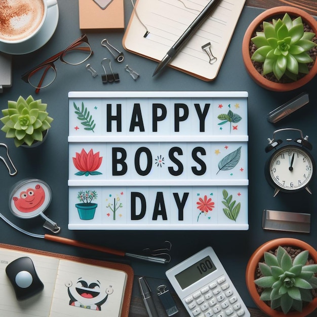 Foto un poster con un messaggio che dice happy boss day