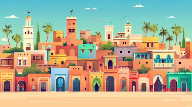 Foto poster con edifici e architettura marocchini sullo sfondo verticale della carta astratta antica città araba e porte di marrakech e medina decorazione artistica murale berbera illustrazioni moderne piatte colorate