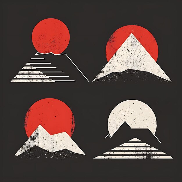 a poster with a mountain and a red ball and a building with a red and white logo