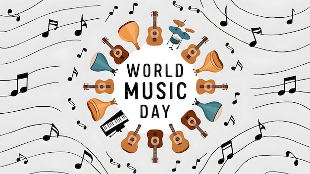 a poster with music notes and a circle that says world music