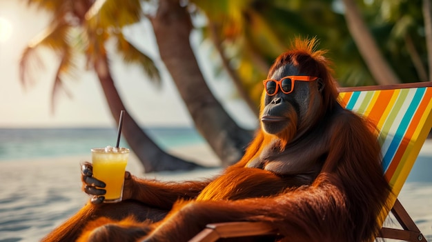 Foto poster con un orangutan che indossa occhiali da sole seduto su un lettino e che alza un bicchiere di cocktail