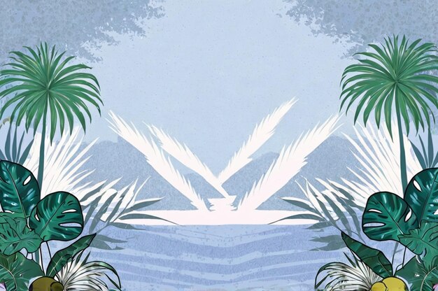 Photo a poster with palm trees and a blue and white background