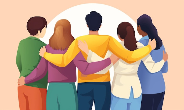 a poster with people hugging and a circle with a man holding a woman in the middle