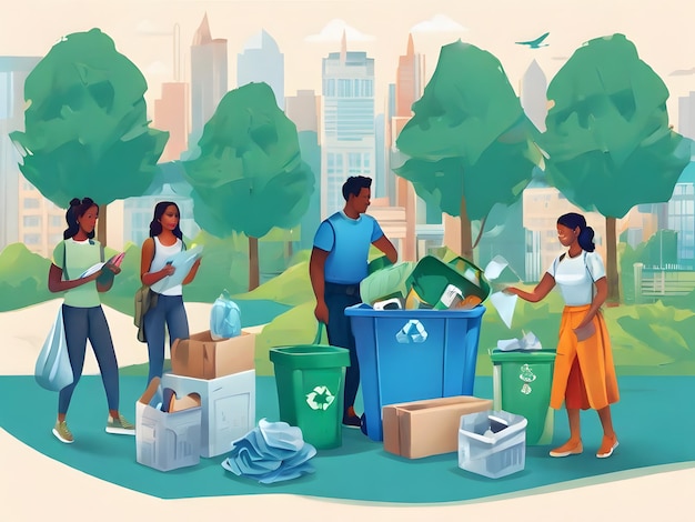 плакат с людьми в парке с контейнерами для мусора, перерабатывающими