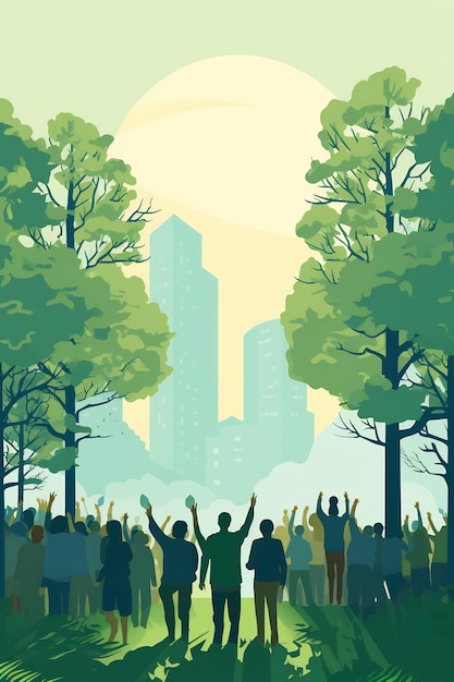 a poster with people raising their hands in front of a cityscape