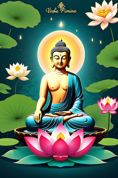 a poster with a picture of a buddha sitting in lotus flowers