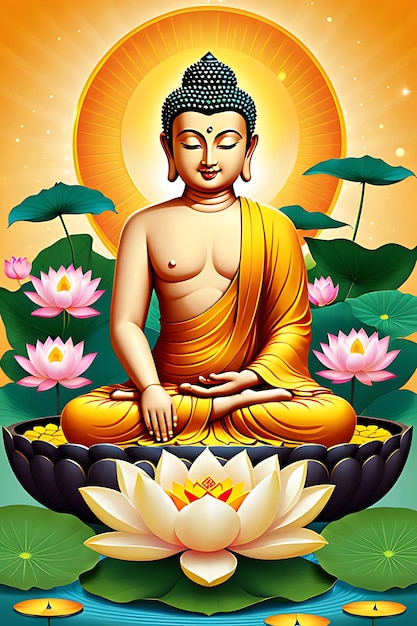 a poster with a picture of a buddha sitting in lotus flowers