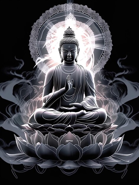 a poster with a picture of a buddha sitting in a lotus position