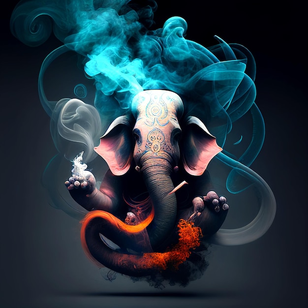 A poster with a picture of a elephant and smoke coming out of it.