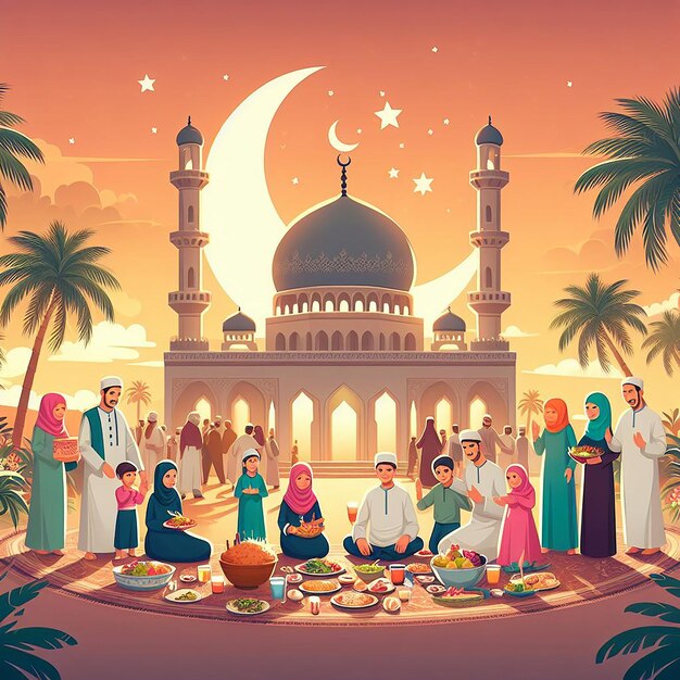 A poster with a picture of people in front of a mosque with palm trees and a moon in the background